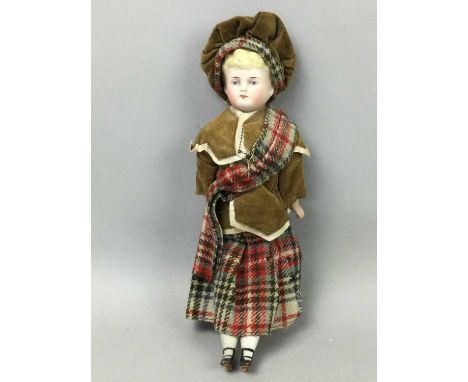 FRENCH BISQUE HEADED GIRL DOLL,with closing eyes and composition limbs, 51cm long, along with a small Chinese girl doll and a