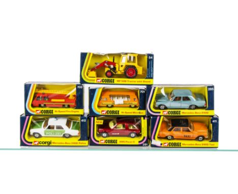 Corgi 1970s Cars and small Commercials,  54 MF 50B Tractor with Shovel, 285 MB 240D, 291 AMC-Pacer X, 411 MB 240D Taxi, 412 M