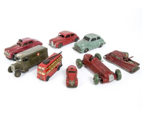 Various Tinplate toys,  Brimtoy Trolley Bus, Mettoy diecast with tin wheels clockwork Racing Car, Joustra 2002 red clockwork 