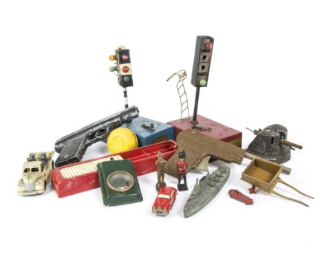 Various 1940s-1950's Toys  Toymativ Railway and Road Signals with wooden bases, tinplate Chad Valley Gun, Jolly Roger cap Gun