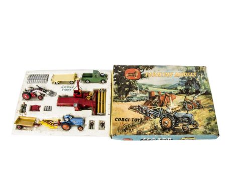 A Corgi Toys Gift Set 22 Farming Models, comprising 1111 Combine Harvester, 406 Land Rover, 51 Tipping Trailer, 101 Platform 