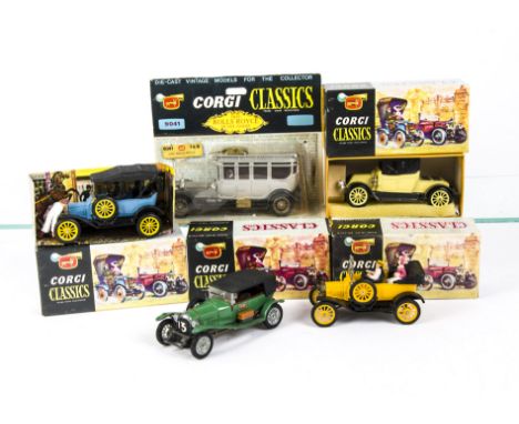 Original 1960s Corgi Classic Models, 9012 Ford 1925 in yellow, 9001 Bentley 1927 in green, 9013 Ford 1915 in blue with roof a