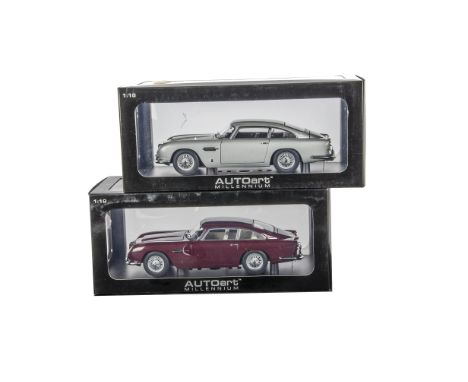 Autoart Aston Martins, A boxed duo of 1:18 scale, vintage models comprising 70213 DB5 (Dubonnet Rosso), together with 70211 D