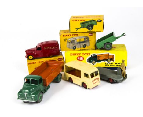 Dinky Toys Light Commercials Vehicles, 418 Comet Wagon with hinged Tailboard in green with orange back, 341 Trailer in green,