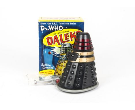 Marx Dr Who BBC 1964 Dalek, in silver, with eye, gun and sucker (snapped off lug in socket), in original blue/yellow box, mad
