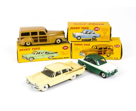 Dinky Toys Cars,  189 Triumph Herald in green and white with spun hubs, 191 Dodge Royal Sedan in light yellow with tan fins a