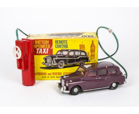 A Marx Empire Made plastic battery operated London Taxi,  in purple with red control box, in original box, VG, box F 