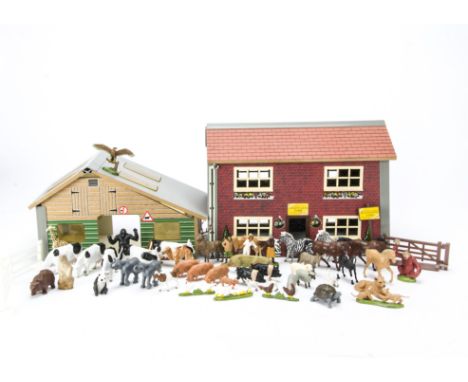 Britains Plastic Farm animals and wooden buildings, large quantity including Cows and Calves (35+), Pigs and Piglets (9), Hor