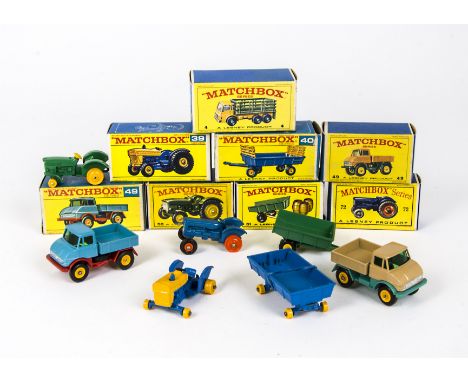 Matchbox 1:75 Farm Vehicles, 4 Empty box Stake Truck, 39 Ford Tractor (tyres in box), 40 Hay Trailer (tyres and staves in box