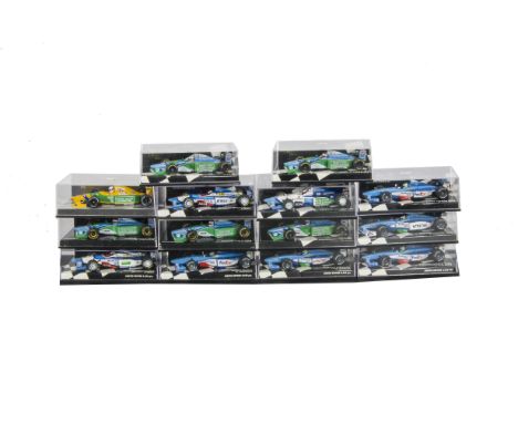 Minichamps 1:43 Scale F1 Models, A cased collection of Benettons, comprising, limited edition, 970097 Alesi, 980095/980075/99