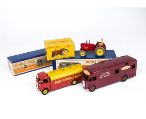 Dinky Toys Commercial Vehicles and Tractor, 581 Horse Box in maroon, 591 Shell Chemicals  AEC Tanker, both in original plain 