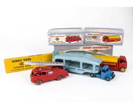 Dinky Toys Commercial Vehicles, 991 Shell Chemicals AEC Tanker, 955 Fire Tender with extending ladder, 982 Pullmore Car Trans