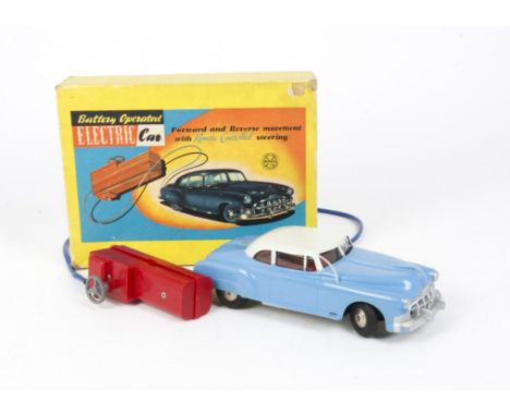 Marx Toys Battery Operated Electric Car, blue and white saloon car with battery box, in original box, VG, box F general wear,