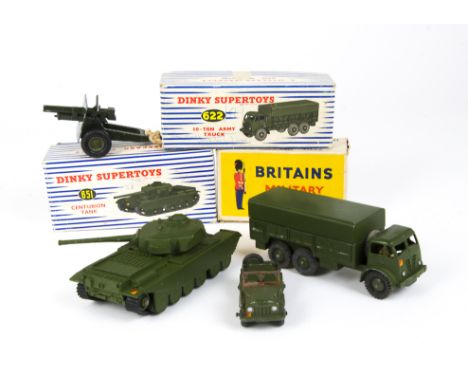 Dinky Army Vehicles and Britains Gun, 651 Centurion Tank, 622 10-Ton Army Truck, both in original blue striped picture boxes,