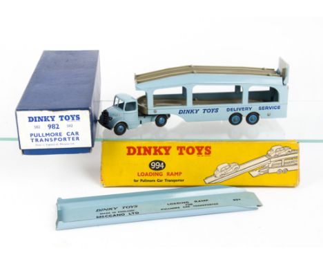 Dinky Toys Pullmore Car Transporter and Ramp, Transporter in light blue with grey decking, in original  dark blue box with bl