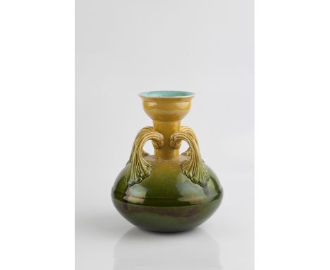 Christopher Dresser (British, 1834-1904) for Ault Vase, circa 1890 four sinuous handles, yellow to green graduated glaze impr