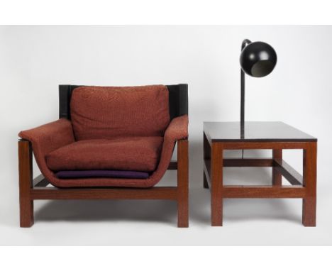 John Makepeace (British, b.1939) Armchair and side table with lamp in Andaman Padauk wood the armchair 85.5cm across, the tab
