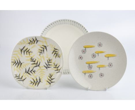 J. & G. Meakin Three one-off plates with black and yellow fern design, abstract circle design and grey abstract border design