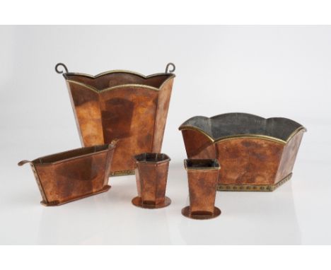 J. R. Hartley of The Forest of Arden Arts and Crafts wall vase, ice bowl, flower holder and two vases, circa 1950 copper and 