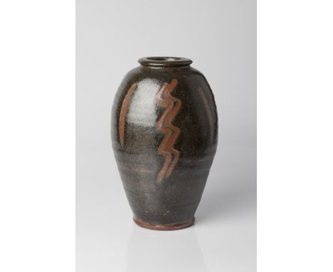 Mike Dodd (British, b.1943) Vase tenmoku glaze with finger wipe decoration impressed potter's seal 26cm high.