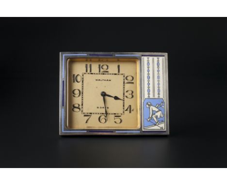 Waltham of America Art Deco eight day desk clock chrome and enamel depicting a lady skiing 10.7cm across.