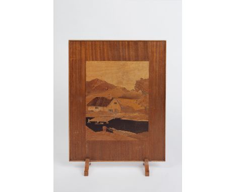 Rowley Gallery (attributed to) 'Cottage and River' firescreen marquetry panel inset to the centre 66cm high, 46.5cm across.