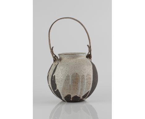 Lisa Hammond (British, b.1956) Jar poured white shino glaze, hammered metal handle impressed potter's seal 32cm high (with ha