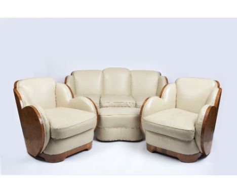 Harry & Lou Epstein (attributed to) Art Deco figured walnut and leather four piece 'Cloud' suite, circa 1934 comprising a sof