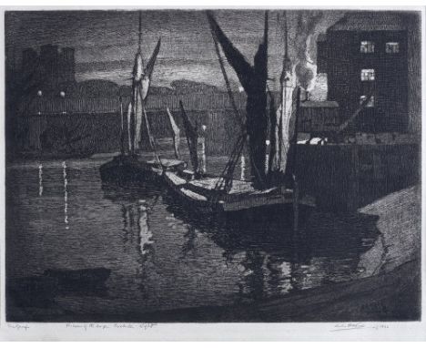 Leslie Moffat Ward (British, 1888-1978) 'The home of the barges: Rochester, Night', 1922 signed, dated and titled in pencil (