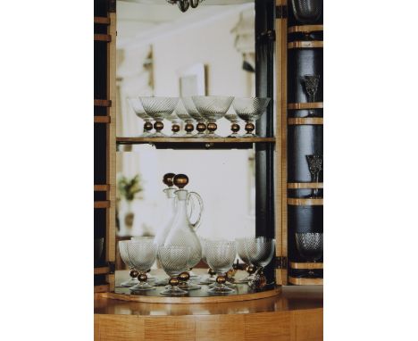 Mid-Century Italian School Glass drinking set, probably Venetian comprising decanter, 18 glasses and 5 coupes of spiral twist