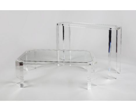 Modernist School Perspex console table and matching coffee table the console table inset glass top, the coffee table with gla