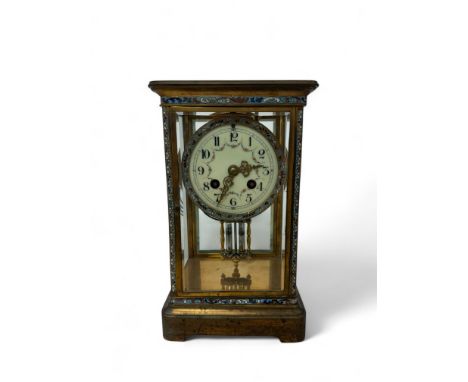 19th century French lacquered brass and enamelled four-glass mantel clock having unsigned circular Arabic dial, twin winding 