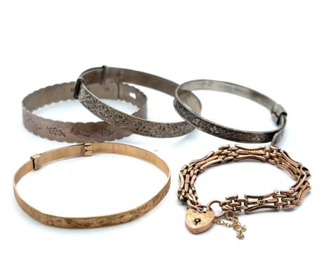 Five small/ children's bangles and bracelets. Includes a 9ct gold adjustable foliate design bangle, a gate link bracelet stam