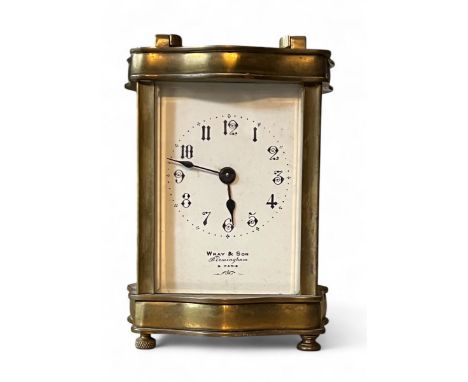 Early 20th Century French brass carriage clock, retailed by Wray &amp; Son Birmingham &amp; Paris. White enamel face with Ara