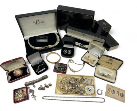 A box of mixed costume jewellery including boxed Lotus imitation pearl necklace, bracelet and earrings, a rolled gold bangle 