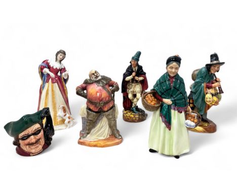 Five Doulton figurines to include The Pied Piper HN2102, Falstaff HN2054, The Orange lady HN1953, The Mask Seller HN2103 and 