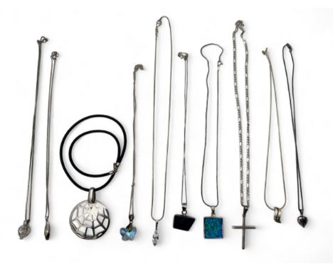 Ten silver pendant necklaces, including a synthetic opal pendant, a labradorite pendant, a CZ pendants etc.