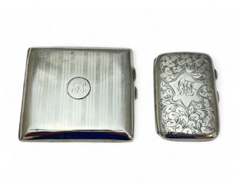 Two silver cases. A silver cigarette case with engraved line decoration and monogram to front, hallmarks for Duncan &amp; Sco