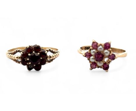 Two red stone rings with missing stones. A garnet cluster ring with beaded split shank size N, tested as 9ct using XRF. And a