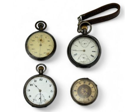 Three pocket watches and a stopwatch: A silver open face pocket watch with damaged unsigned dial, missing crystal, import hal