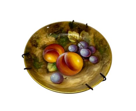 Royal Worcester, hand painted pin dish with peaches and grapes. Signed, stamped to reverse for Royal Worcester. Diameter 11cm