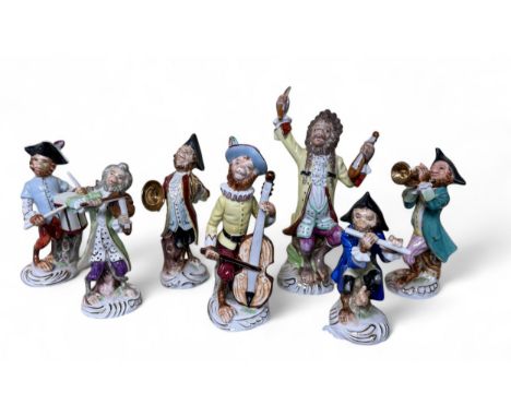 Continental 20th Century seven piece Monkey Orchestra, after the original Meissen, comprising conductor, horn player, drummer