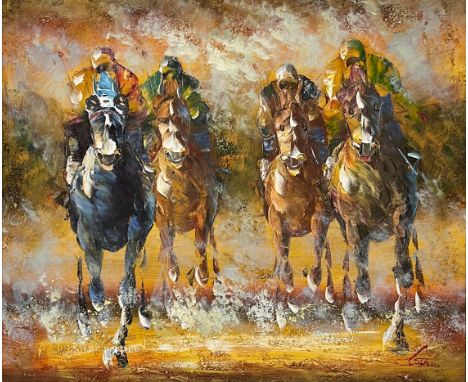 Large contemporary horse racing oil on canvas. Signed indistinctly to lower right, framed. 50cm x 59cm, frame measures 70cm x