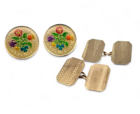Two pairs of cufflinks, a pair of enamelled sixpence yellow metal cufflinks. With a pair of 9ct gold engine-turned cufflinks 