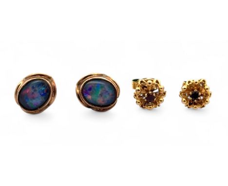 A pair of hallmarked 9ct gold and garnet earrings and a pair of opal triplet earrings stamped 9ct. Gross weight 4.62g.