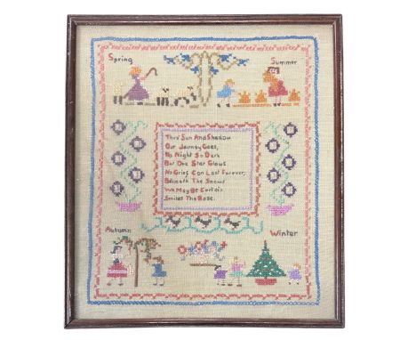 19th Century embroidery sampler representing the seasons. Spring / Summer / Autumn / Winter. Sampler reads: “Thro’ Sun and Sh