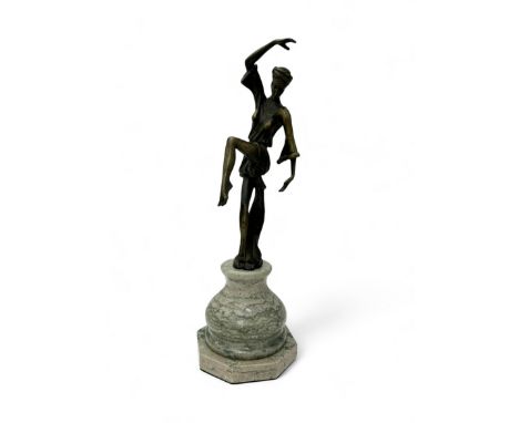 Bronze sculpture of a dancing lady stood on a marble plinth. Unsigned. Height 38cm.