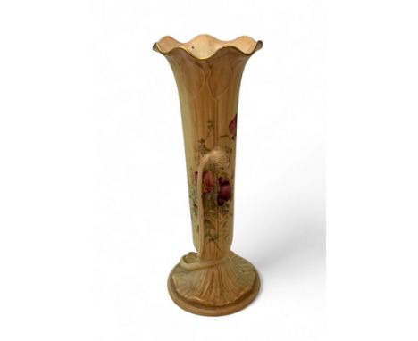Royal Worcester, slender trumpet vase 1015, blush vase with hand painted floral foliage. Stamped to base for Royal Worcester 