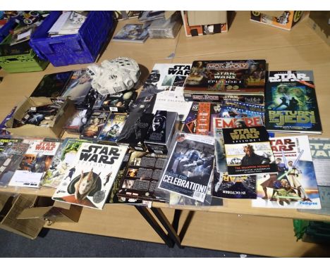 Quantity of Star Wars related books, magazines, cards, DVDs, videos, Monopoly game, figures, spaceship etc. UK P&amp;P Group 