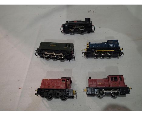 Five OO scale Shunting locomotives; Mainline class 03 blue, Lima class 08, green, Hornby saddle tank LMS black, Triang dock t